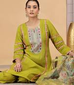 Green chiffon a - line kurta set with pant & dupatta