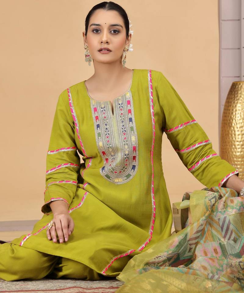Green chiffon a - line kurta set with pant & dupatta