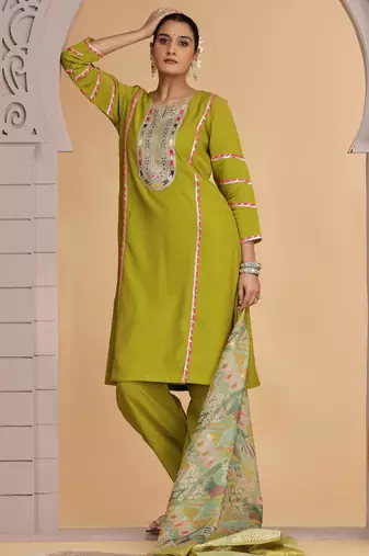 Green chiffon a - line kurta set with pant & dupatta