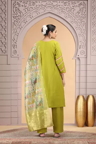 Green chiffon a - line kurta set with pant & dupatta