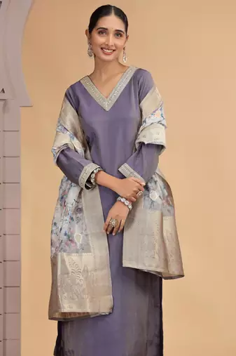 Purple chiffon a - line kurta set with pant & dupatta