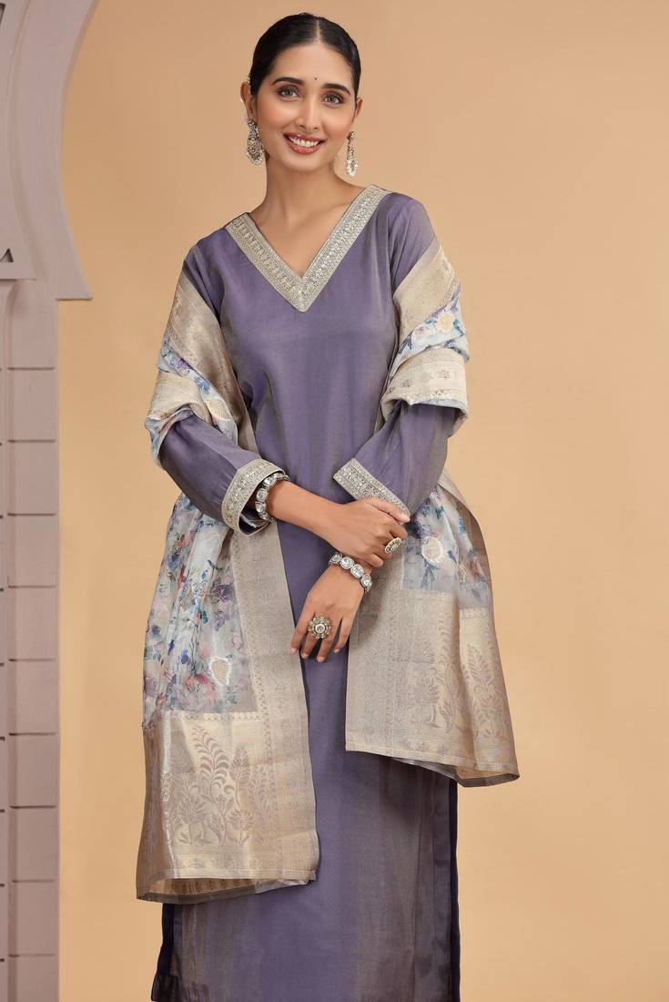 Purple chiffon a - line kurta set with pant & dupatta