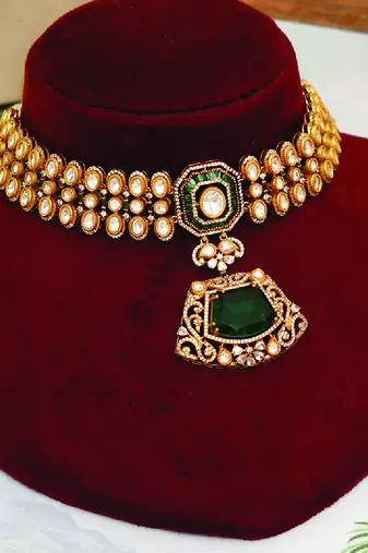 Gold plated kundan green stones choker necklace set