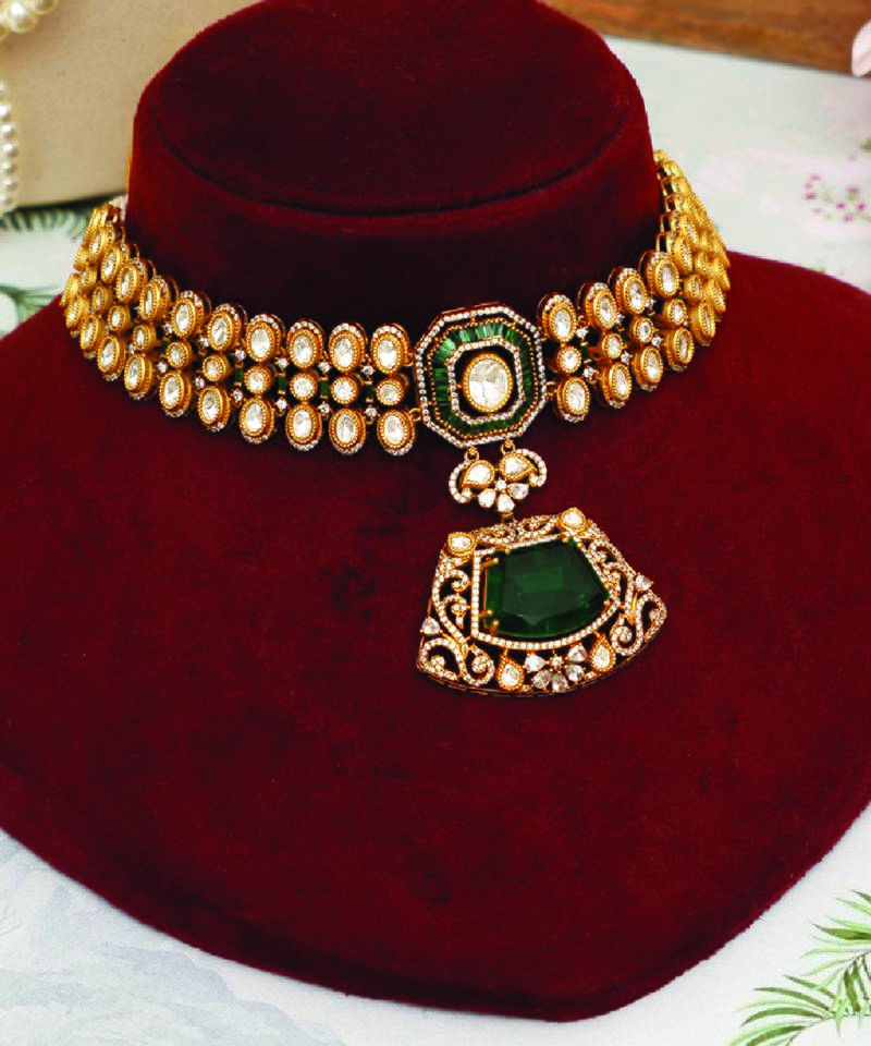 Gold plated kundan green stones choker necklace set