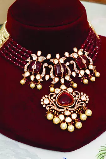 Gold plated kundan red stones choker necklace set