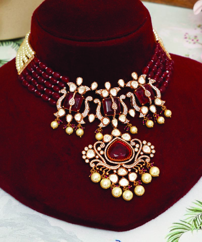 Gold plated kundan red stones choker necklace set