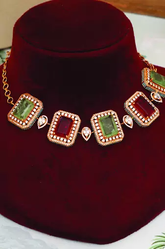 Gold plated kundan multicolor stones choker necklace set