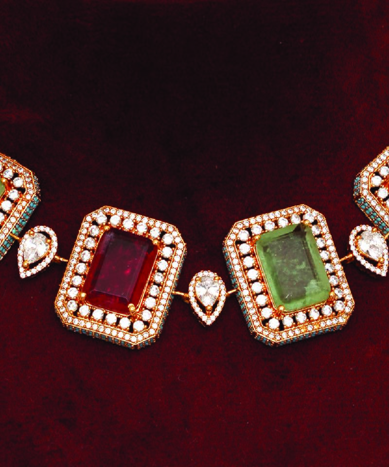 Gold plated kundan multicolor stones choker necklace set