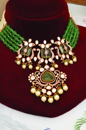 Gold plated kundan green stones necklace set