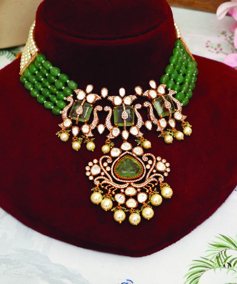 Gold plated kundan green stones necklace set