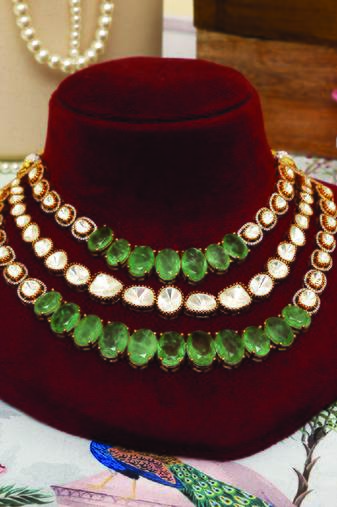 Gold plated kundan green stones multi layered necklace set
