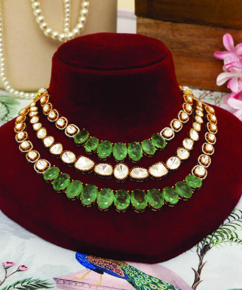 Gold plated kundan green stones multi layered necklace set