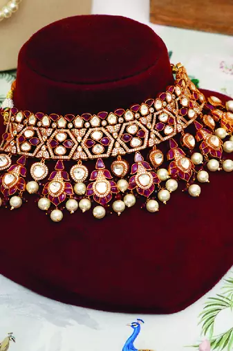 Gold plated kundan red stones choker necklace set