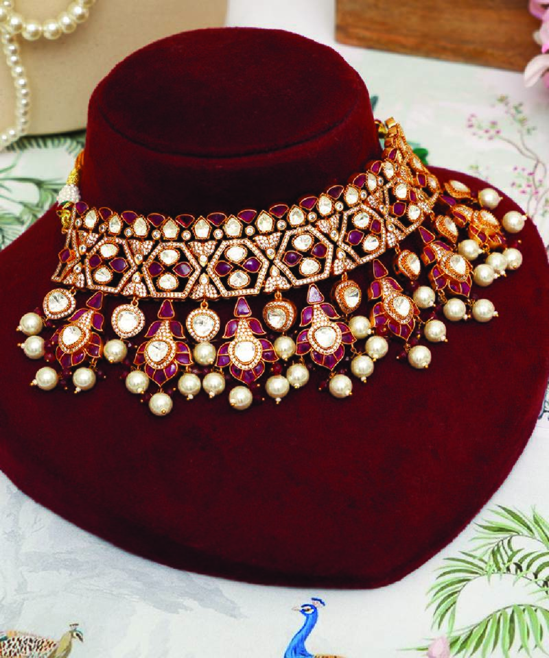 Gold plated kundan red stones choker necklace set