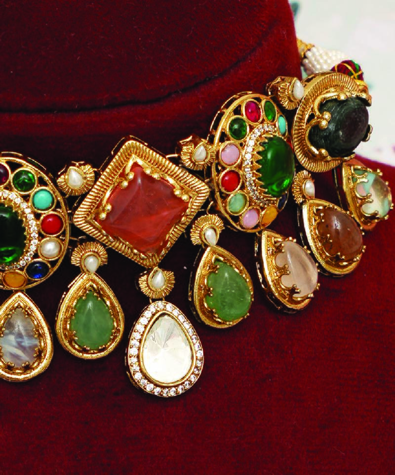 Gold plated multicolor stones choker necklace set