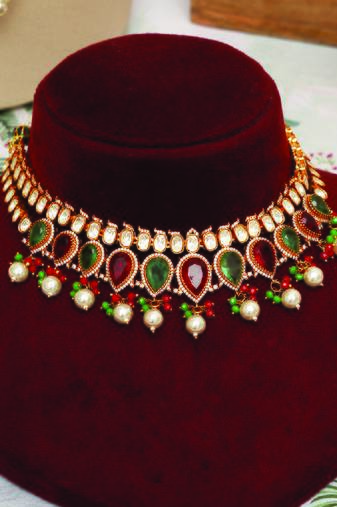 Gold plated kundan multicolor stones choker necklace set