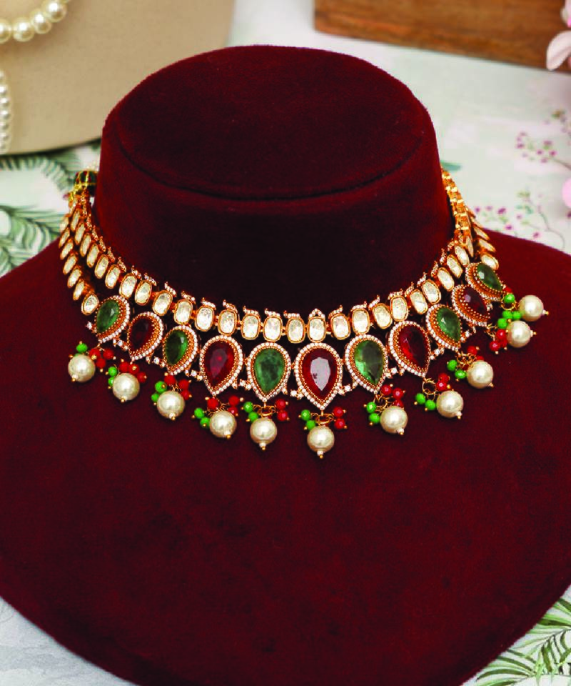 Gold plated kundan multicolor stones choker necklace set