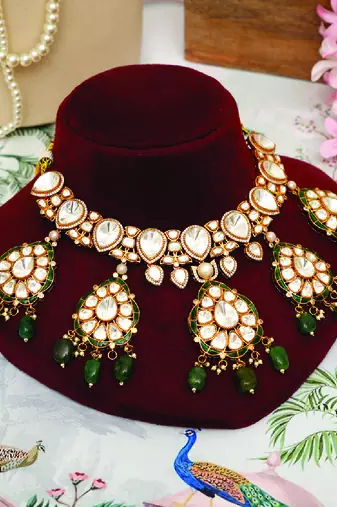 Gold plated kundan green stones choker necklace set