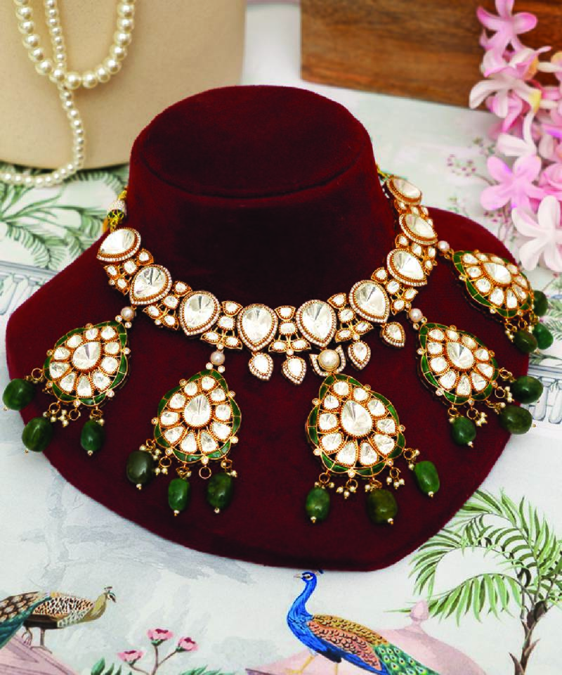 Gold plated kundan green stones choker necklace set