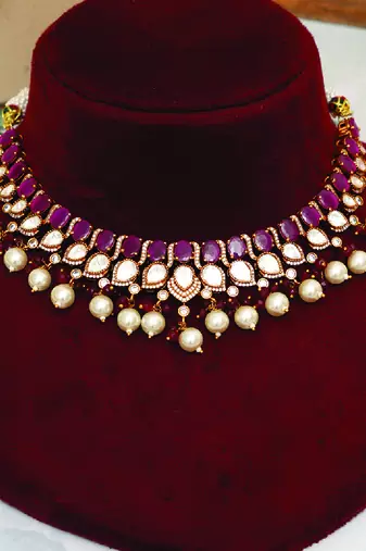 Gold plated maroon stones necklace set