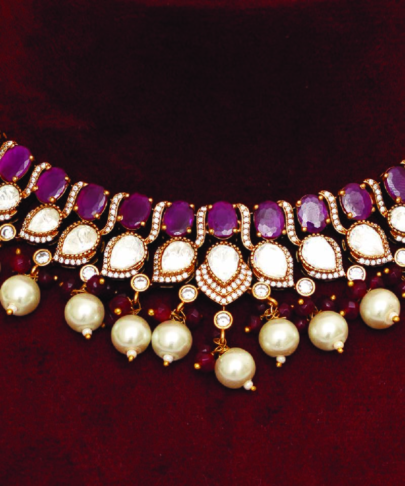 Gold plated maroon stones necklace set