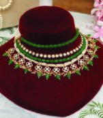 Gold plated kundan green stones multi layered necklace set