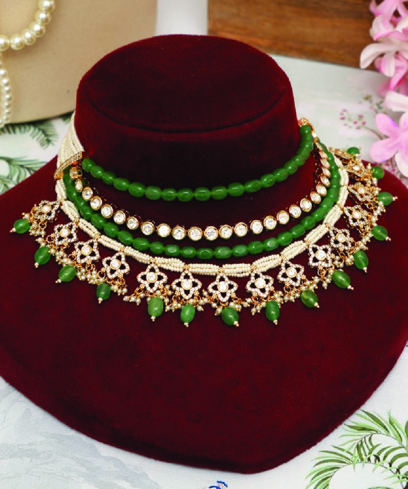 Gold plated kundan green stones multi layered necklace set