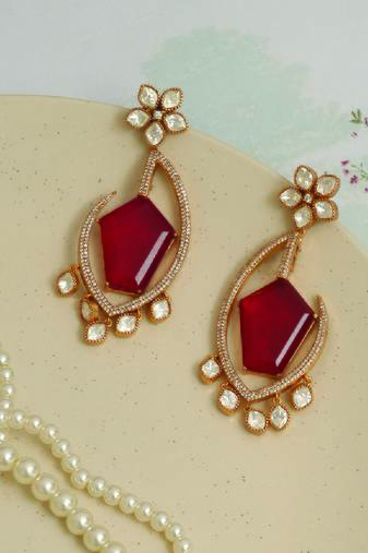 Gold plated kundan red stones earrings