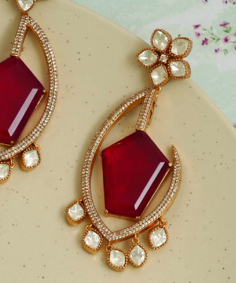 Gold plated kundan red stones earrings