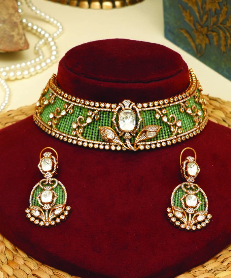 Gold plated kundan green stones choker necklace set