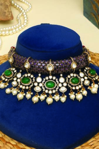 Gold plated kundan purple stones choker necklace set