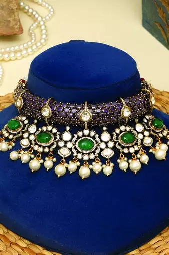 Gold plated kundan purple stones choker necklace set