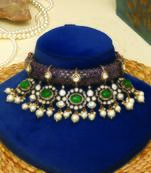 Gold plated kundan purple stones choker necklace set