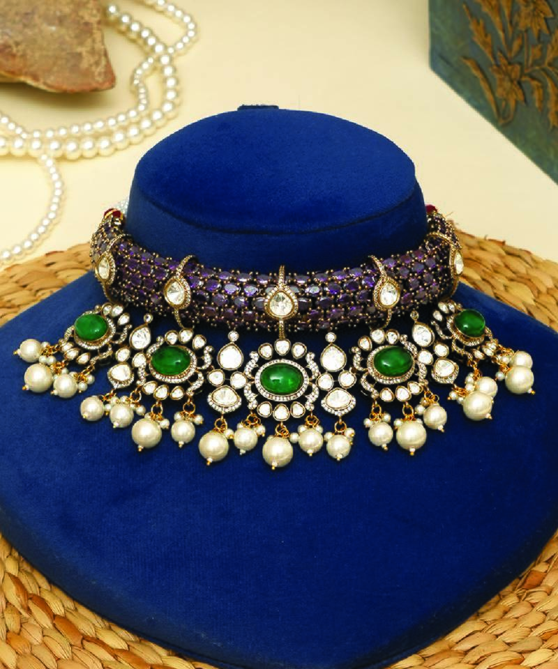 Gold plated kundan purple stones choker necklace set