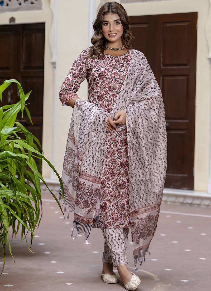 Off-white embroidered cotton salwar suit