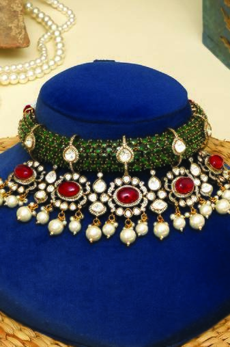 Gold plated kundan multicolor stones choker necklace set