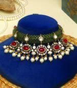 Gold plated kundan multicolor stones choker necklace set