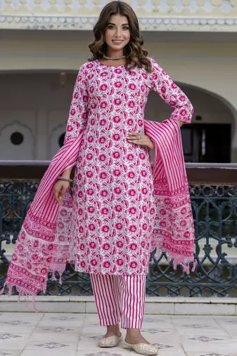 White-pink embroidered cotton salwar suit