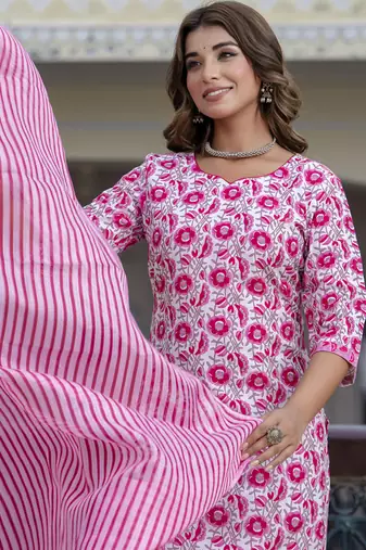 White-pink embroidered cotton salwar suit