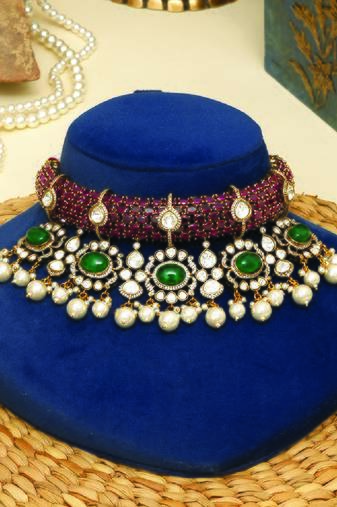Gold plated kundan multicolor stones choker necklace set