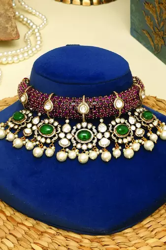 Gold plated kundan multicolor stones choker necklace set