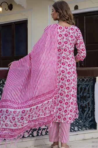 White-pink embroidered cotton salwar suit