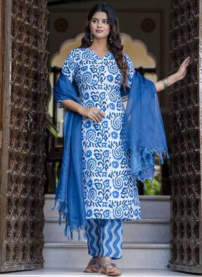 White-blue embroidered cotton salwar suit 1