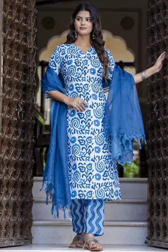 White-blue embroidered cotton salwar suit