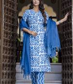 White-blue embroidered cotton salwar suit