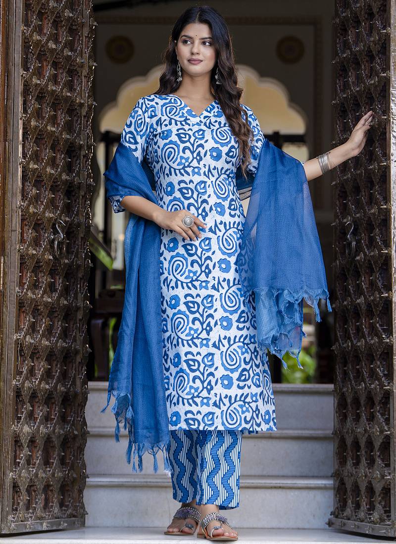 White-blue embroidered cotton salwar suit