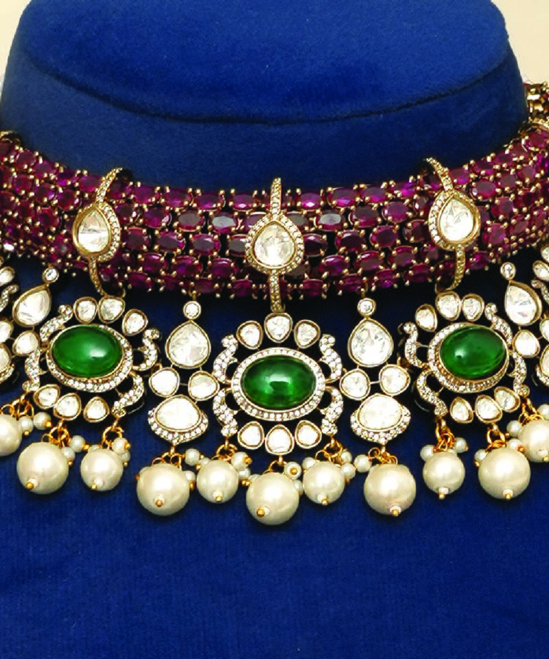 Gold plated kundan multicolor stones choker necklace set