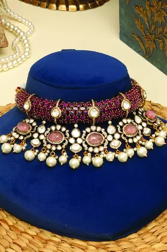 Gold plated kundan red stones necklace set