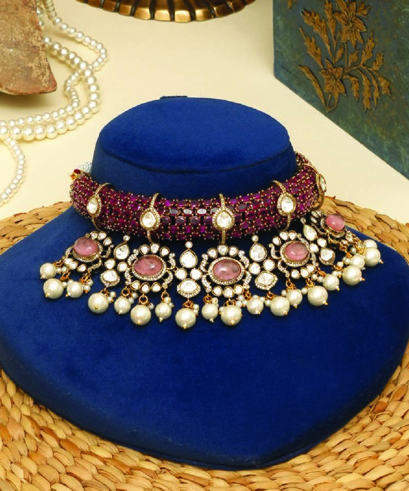 Gold plated kundan red stones necklace set