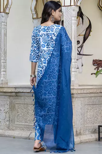 White-blue embroidered cotton salwar suit